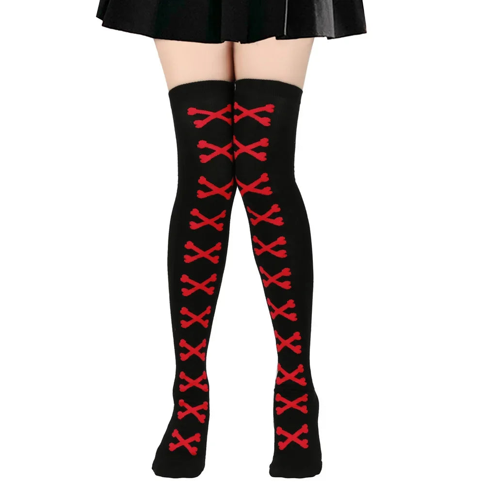 SS69 Women's Bone Print Thigh High Socks - Cotton Blend Cosplay Stockings