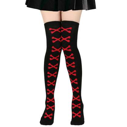 SS69 Women's Bone Print Thigh High Socks - Cotton Blend Cosplay Stockings