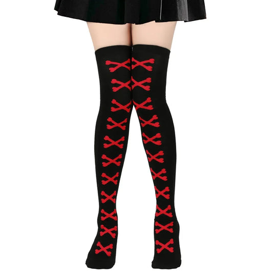 SS69 Women's Bone Print Thigh High Socks - Cotton Blend Cosplay Stockings