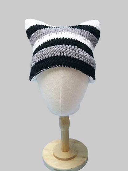 2025 New Hand-Knitted Bow Cat Ear Hooded Cap For Winter Men And Women, Striped Hollowed-Out Knitted Cap, K2y Street Style