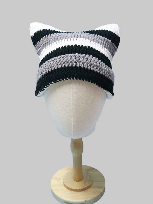 2025 New Hand-Knitted Bow Cat Ear Hooded Cap For Winter Men And Women, Striped Hollowed-Out Knitted Cap, K2y Street Style