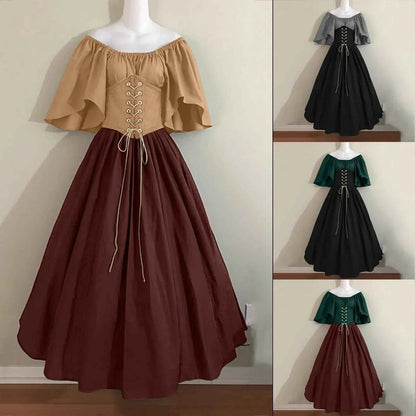 Halloween Costumes for Women Medieval Retro Contrasting Color Slim Swing Dress One-word Shoulder Dress Love Live Cosplay
