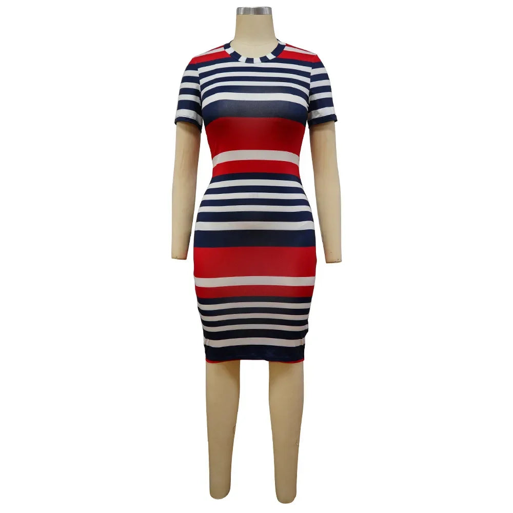 Summer New Women O-Neck Short Sleeve Leaf Striped Print Bodycon Knee Length Dress Sexy Partynight Club Dress SS69