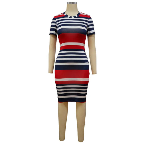 Summer New Women O-Neck Short Sleeve Leaf Striped Print Bodycon Knee Length Dress Sexy Partynight Club Dress SS69