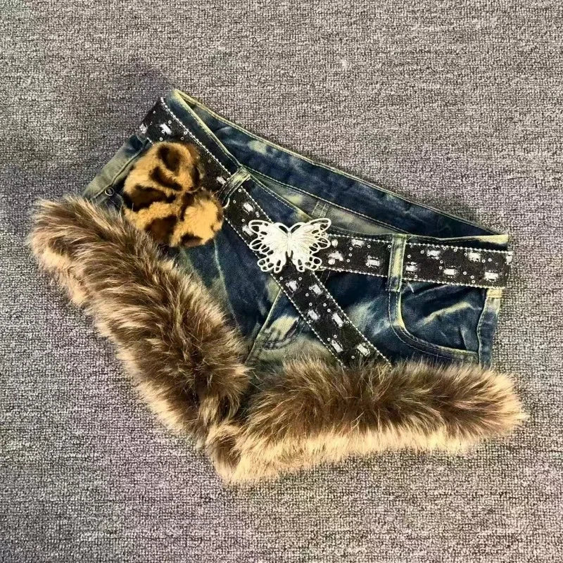 New American Y2k Retro Brown Hair Spliced shorts Trendy Old Hot Girl Low Waist Jeans Vintage Hip-hop Street Clothing Women SS69 39.69 YL-Butterfly sequin / L