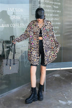 Harajuku Vintage Pearl Beaded Diamonds Leopard Print Women Thin Shirt Jacket Loose Casual Lapel Long Sleeve Female Jacket Coat SS69