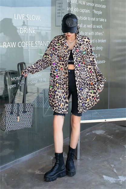 Harajuku Vintage Pearl Beaded Diamonds Leopard Print Women Thin Shirt Jacket Loose Casual Lapel Long Sleeve Female Jacket Coat SS69