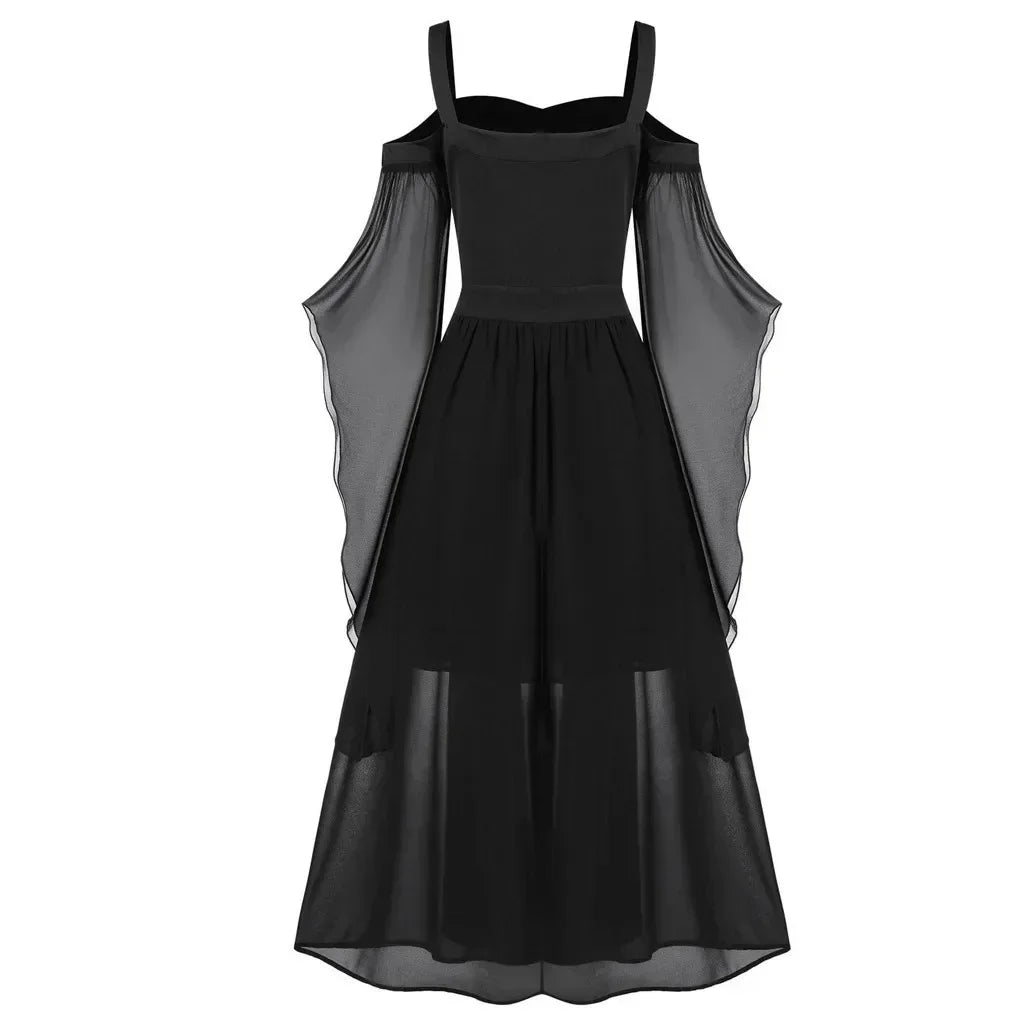 New Medieval Witch Dress for Women Halloween Carnival Women Plus Size Cold Shoulder Butterfly Sleeve Halloween Gothic Dress
