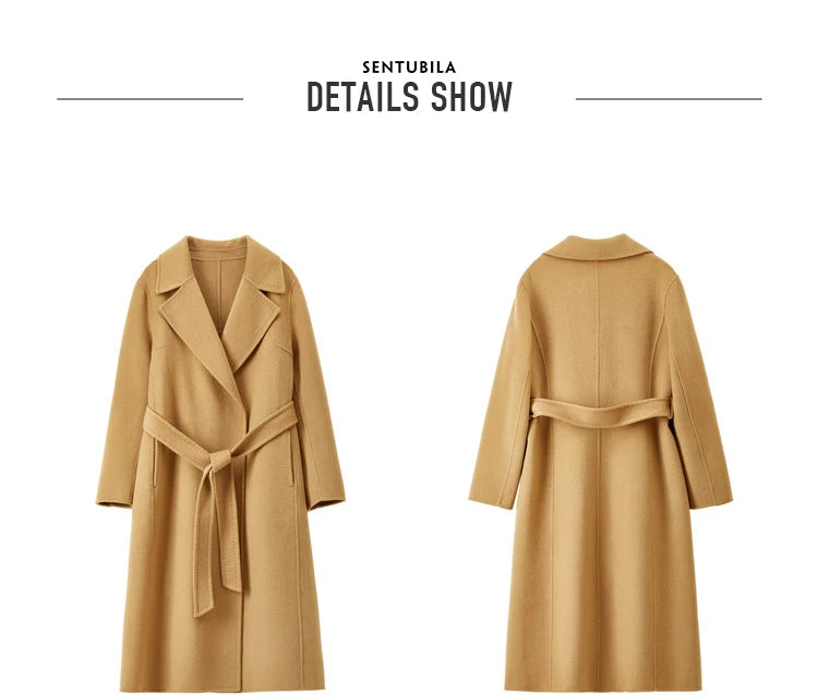 SENTUBILA Women's 100% Wool Long Wrap Coat with Belted Waist