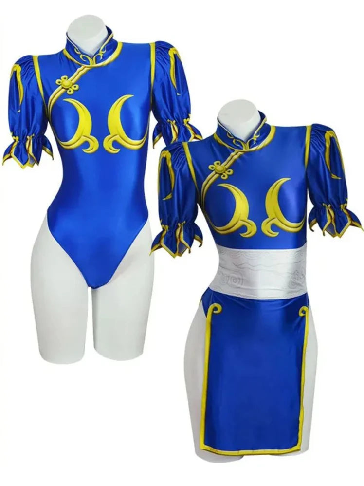 Chun Li Cosplay Dress Set - Women's Blue Qipao Game Costume