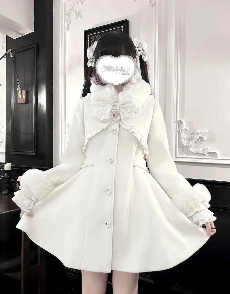 Japanese Mass-Produced Long Wool Collar Coat 20% Wool Waist-Cinching Sweet Girl Long Sleeve Slim Fit Elegant Lolita Woolen Coat
