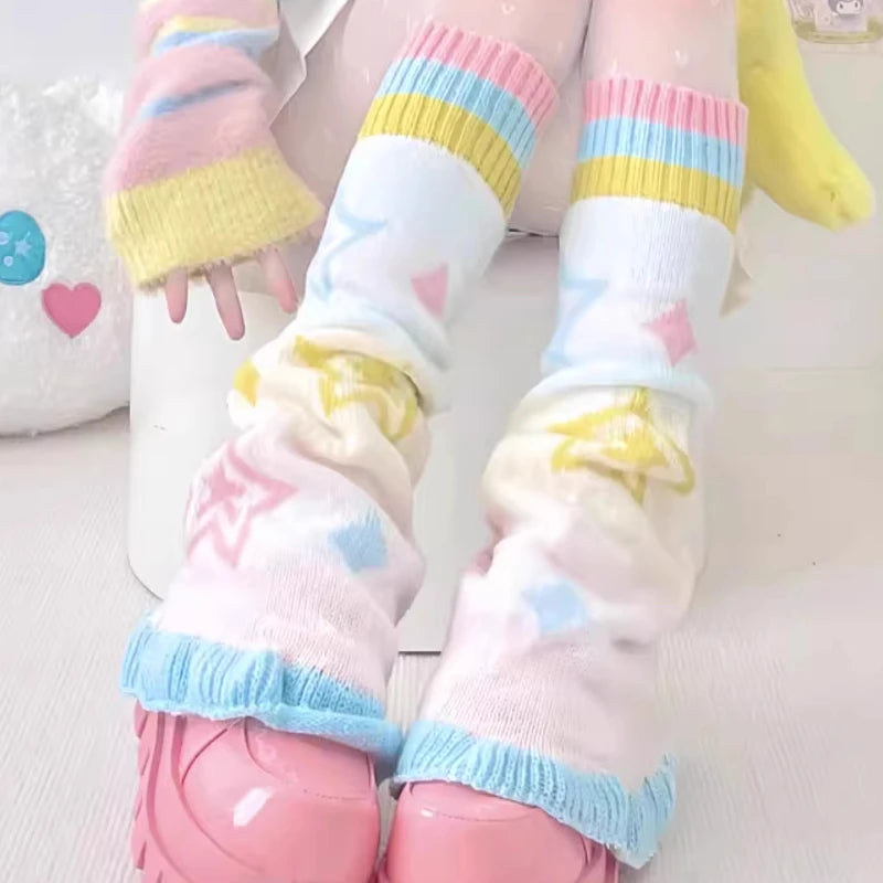 Y2K Knitted Flared Leg Warmers - Colorful Patchwork