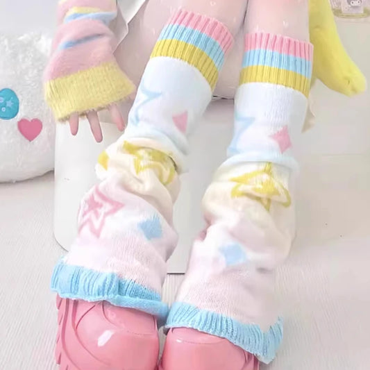 SS69 Japanese Design Y2K Knitted Flared Leg Warmers Colorful Patchwork