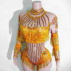 Custom rhinestones bodysuit tassels women Celebrate stage Team pole dance club party fashion leotard clothing