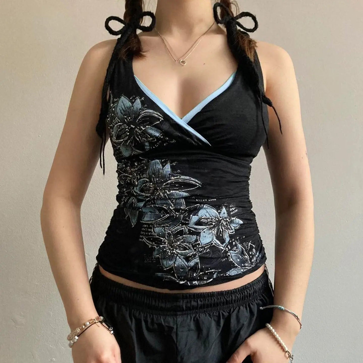 American retro style black printed suspender vest women T-shirt y2k millennium goth slim V-neck fashion top SS69