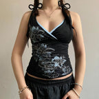 American retro style black printed suspender vest women T-shirt y2k millennium goth slim V-neck fashion top SS69