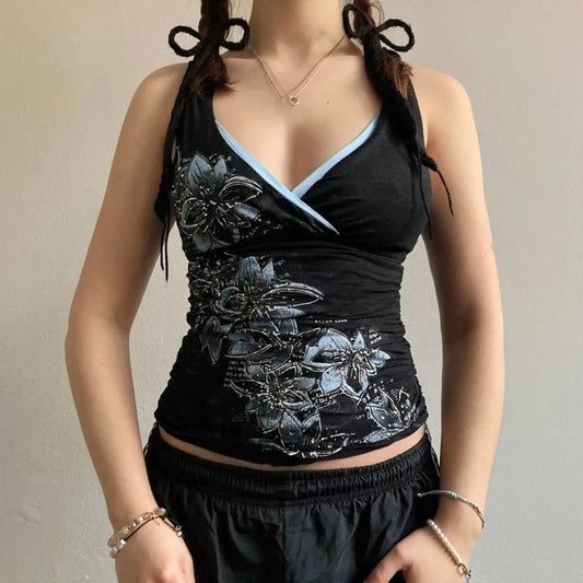 American retro style black printed suspender vest women T-shirt y2k millennium goth slim V-neck fashion top SS69