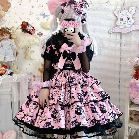 Victorian Sweet Black Pink Lolita Dress Women Kawaii Elegant Luxury Y2k Chic Retro Gothic Dresses Girls Witch Pattern Midi Dress SS69