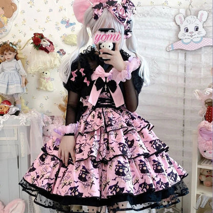 Victorian Sweet Black Pink Lolita Dress Women Kawaii Elegant Luxury Y2k Chic Retro Gothic Dresses Girls Witch Pattern Midi Dress SS69