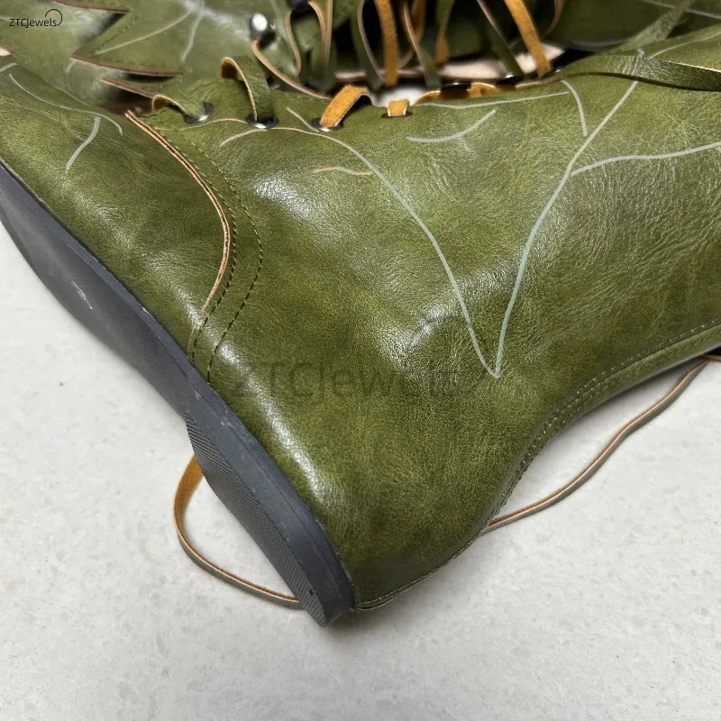 Women New Halloween Elf Witch Cosplay Retro Shoes Faux Leather Party Green Tree Spirit Leaf Boots Gifts for Her