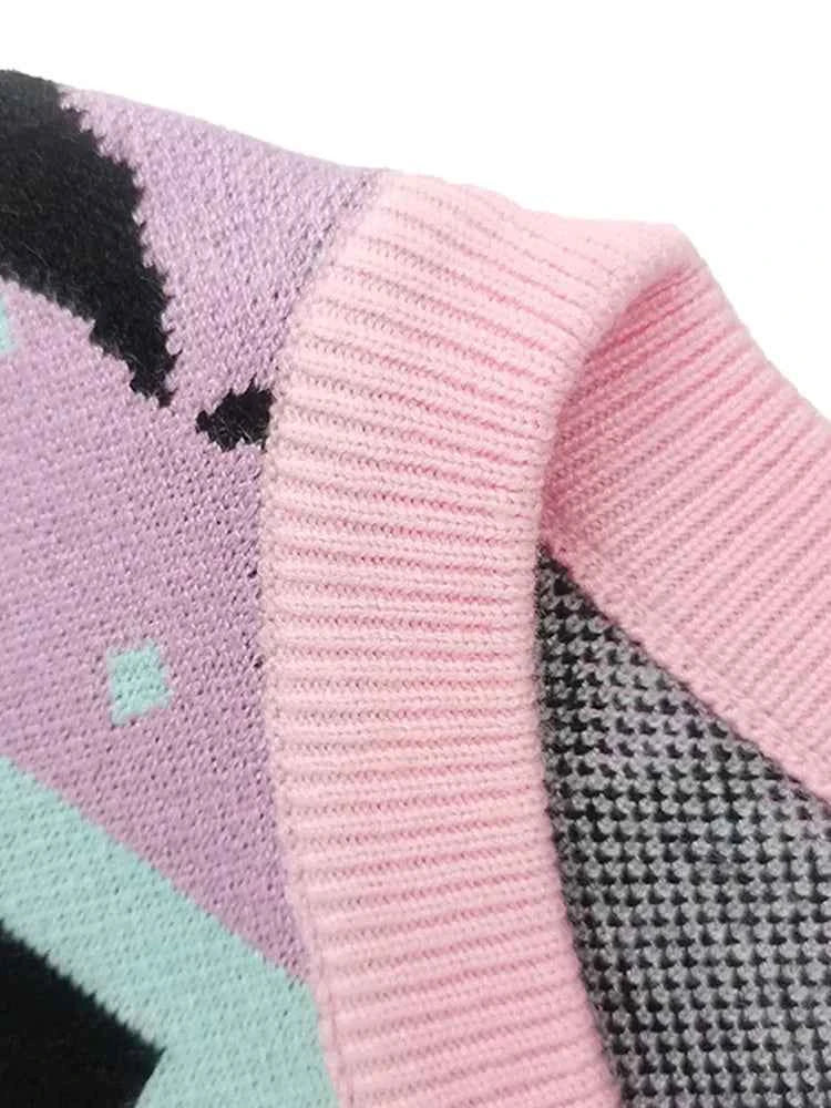 Yangelo Pink Kawaii Sweater Women's Knitted Top Gothic Ghost Bat Pattern Autumn Winter Warm Fairy Grunge Clothing