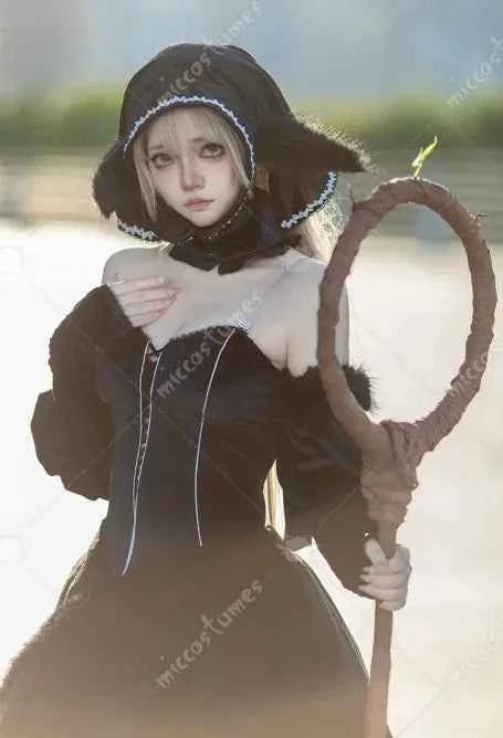 Miccosumes Women's Marcille Donato Cosplay Costume Black Dress Set with Headscarf Sleeves and Ears