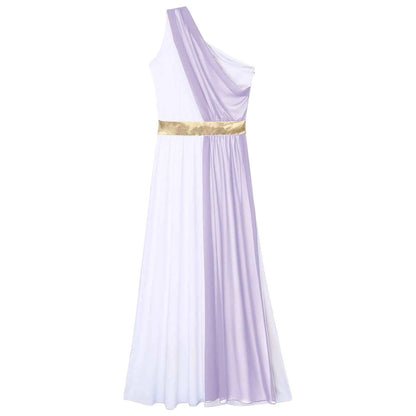 Womens Ancient Greek Princess Toga Goddesses Costume Grecian One Shoulder Chiffon Overlay Vintage Trim Tunic Dress Gown Dress