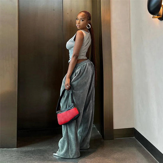 Casual Women's Pants Y2K Wide Leg Corduroy Women's Pants Hip Hop Loose Basic Pockets High Waist Pants SS69