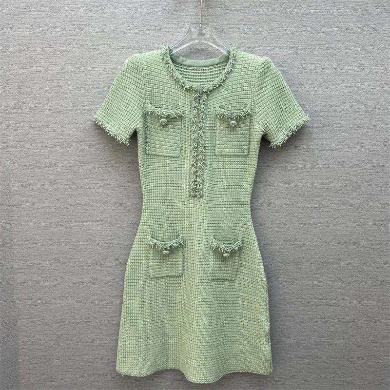 Spring/summer new Y2K high quality wool blend knit skirt Fashion commute front pocket fashion workwear knee length A-line skirt - SS69 