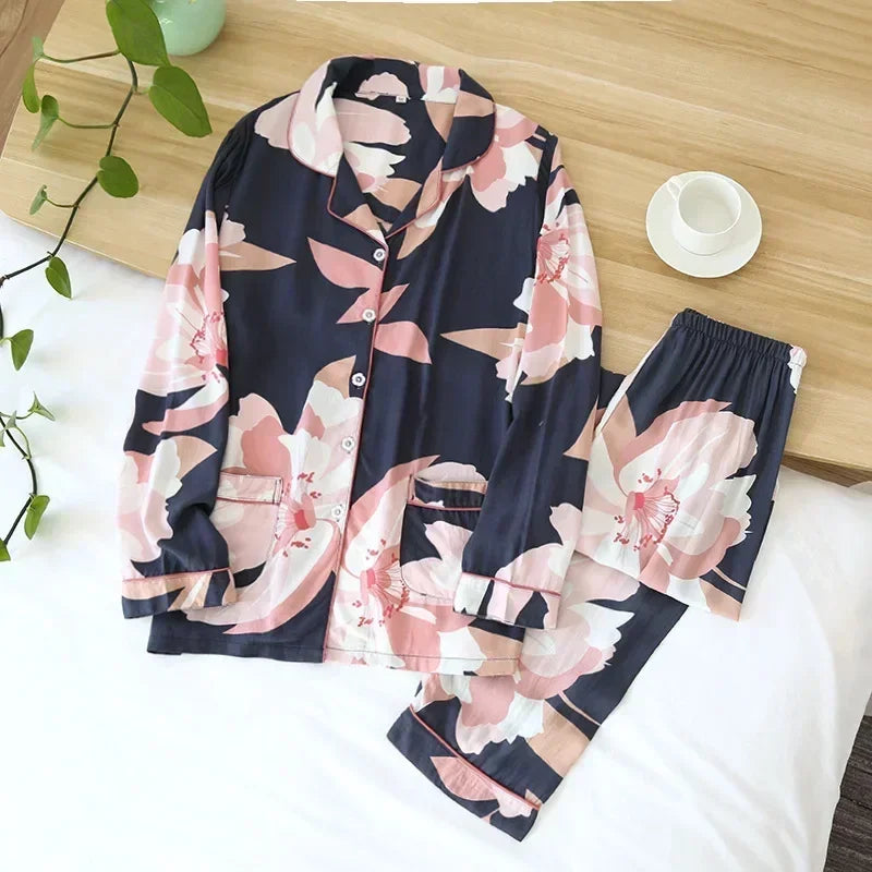 Spring / Summer New 100% viscose long-sleeved trousers pajamas SS69 31.69 Red leaves / M / CHINA