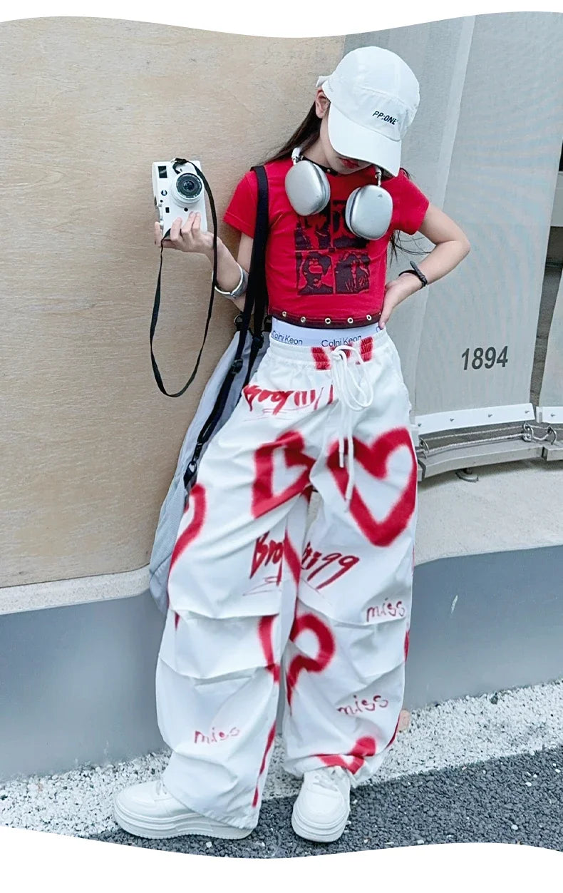summer junior Girls Love Graffiti Casual Pants teenager girl Casual Hip Hop cargo pants kids Dance pants children clothes - SS69