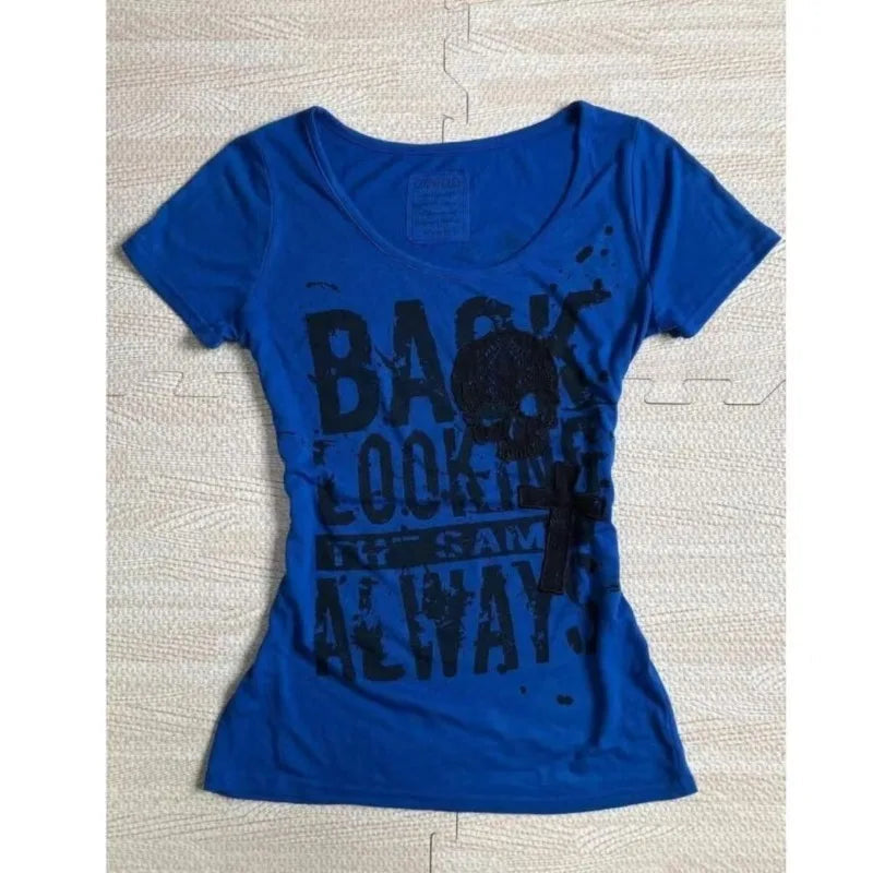 Vintage Hottie Letter Print T-shirts American Retro Subculture Goth Short Sleeve Tees Summer Women Street Slim Punk Harajuku Top SS69 15.69 Blue / M