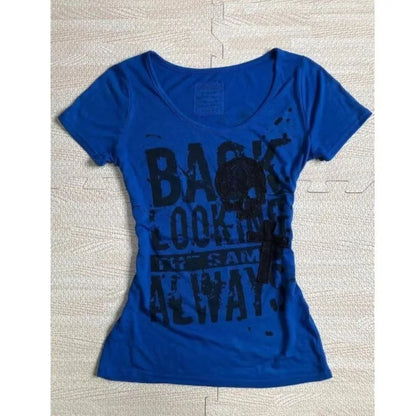 Vintage Hottie Letter Print T-shirts American Retro Subculture Goth Short Sleeve Tees Summer Women Street Slim Punk Harajuku Top SS69 15.69 Blue / M