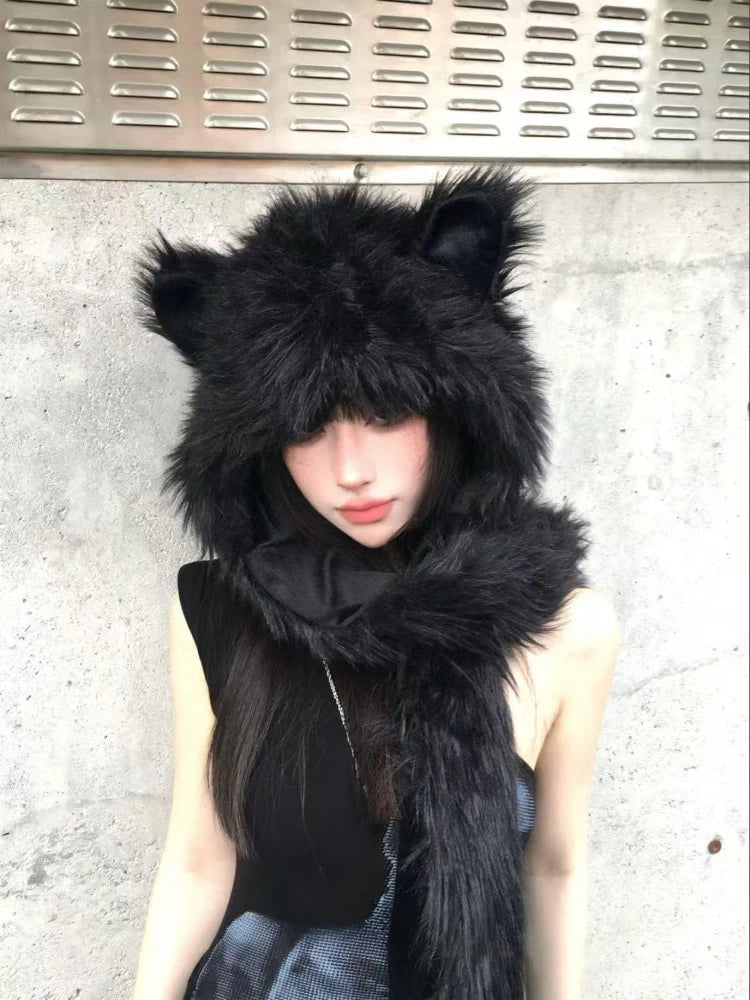 Japanese Kawaii Cute Fur Scarf Hat Winter Keep Warm Y2k Aesthetic Fashion Vintage Cap Bears Ears Women Hats Grunge Streetwear SS69