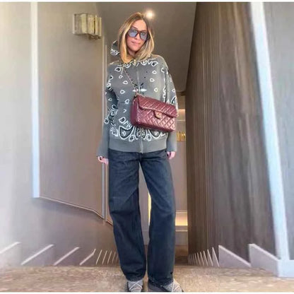 Warm Printed High Collar Knit Cardigans Women Contrast Jacquard Zipper Full Sleeve Pocket Sweater 2026 Spring Lady Chic Knitwear