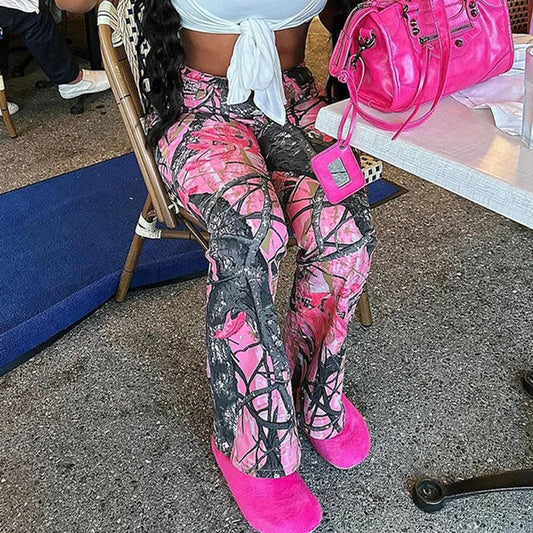 Women's new branch small camo high waisted bell bottoms Spice Girl street personality fashion casual pants SS69