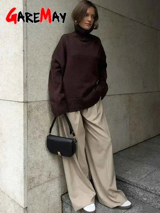 Autumn Women's Knitted Sweater Oversize High Collar Yellow Vintage Pullover Soft Winter Warm Vintage Red Sweaters for Women