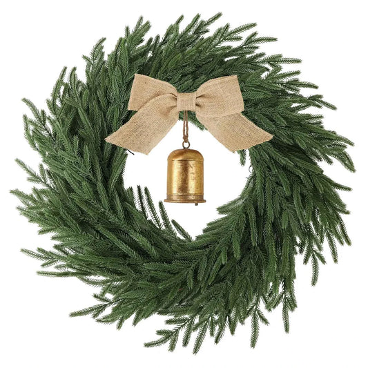 Norfolk Pine Holiday Wreath with LED Lights & Ribbon 24 Inch Battery Powered Front Door Decoration