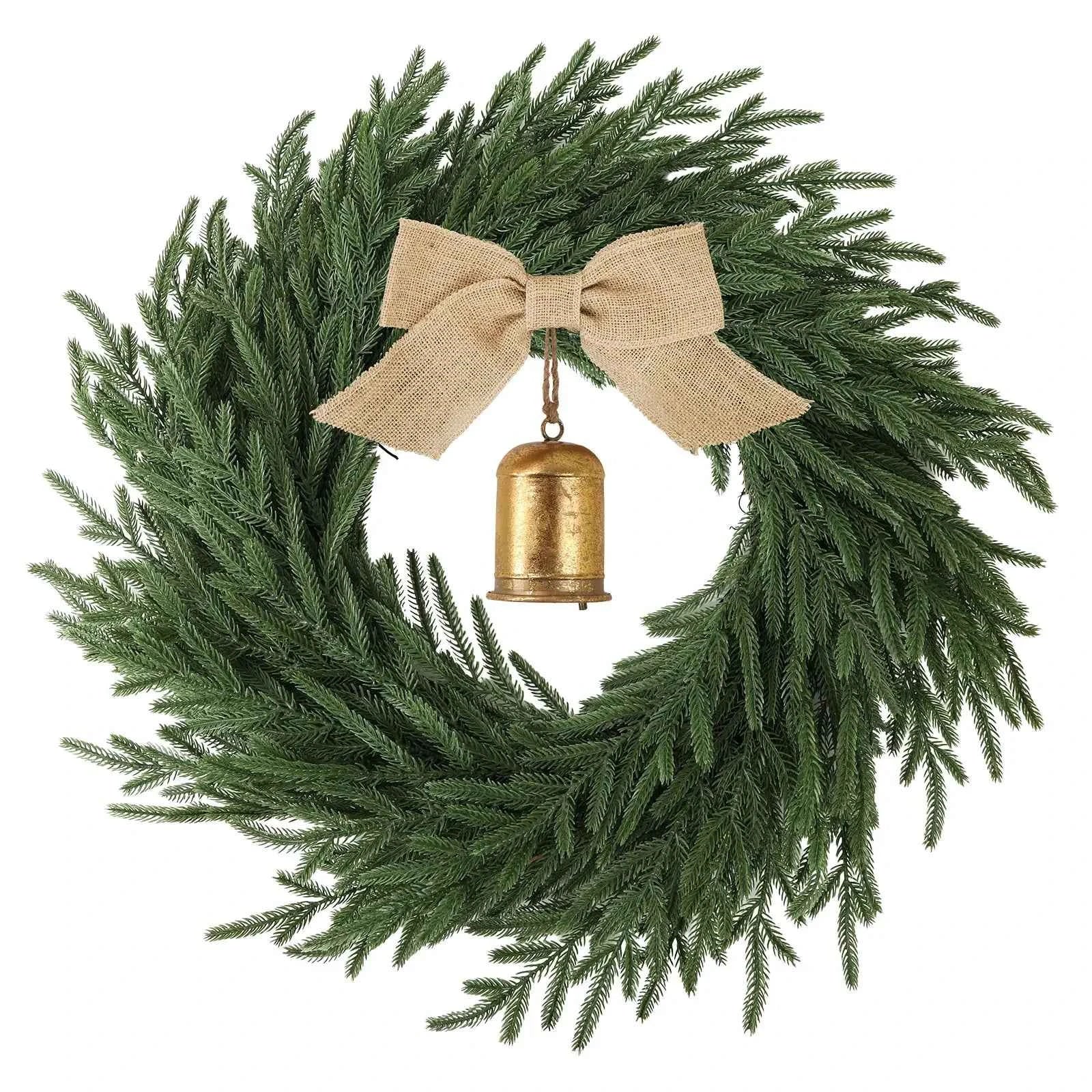 Norfolk Pine Holiday Wreath with LED Lights & Ribbon  24 Inch Battery Powered Front Door Decoration