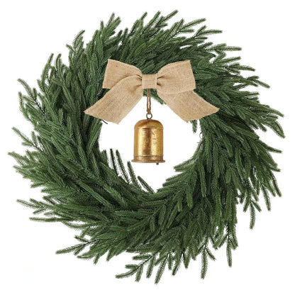 Norfolk Pine Holiday Wreath with LED Lights & Ribbon  24 Inch Battery Powered Front Door Decoration