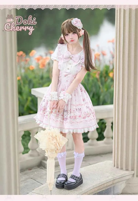 Original New Spring Summer Cute Print Short-sleeved Lolita OP Dress Japanese Sweet Girl Mass-produced Kawaii Bow Short Dresses