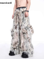 Mauroicardi Autumn Winter Long Colorful Thick Warm Hairy Fluffy Faux Fur Wide Leg Pants Men Pockets Runway Fashion Streetwear