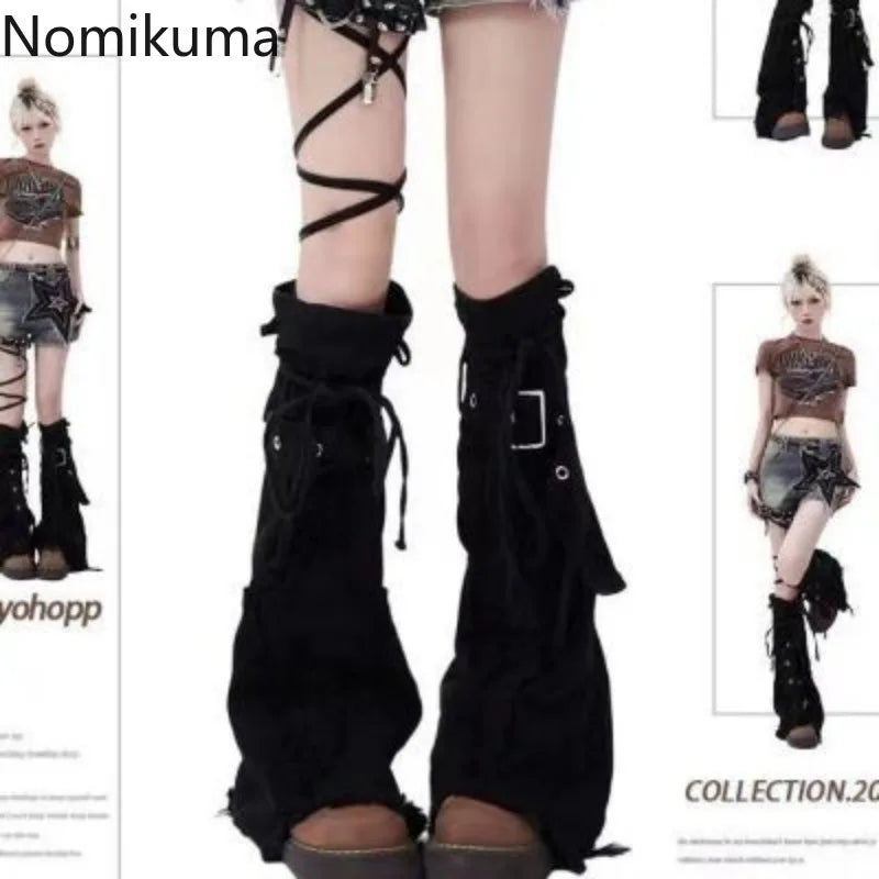 Harajuku Denim Black Leg Warmers with Cross Patchwork