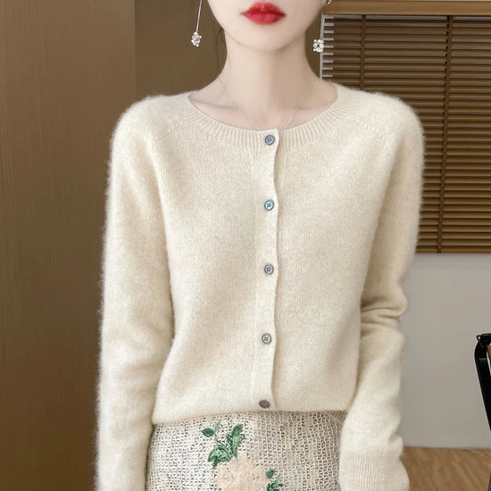 100%Merino Wool Cardigan Women's Round Neck Casual High-Quality AutumnWinter Solid Color Jacket Knit Basic Sweater Pure Wool Top SS69 23.69 Beige / XL / CHINA