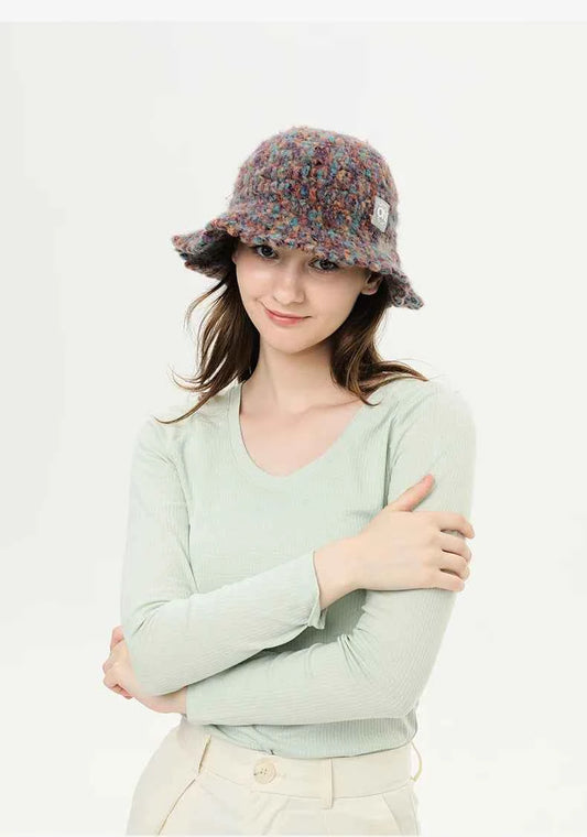 OhSunny Autumn Winter Wavy Brim Bucket Hats,Rainbow Cute Thermal Caps Women's Outdoor Warm Hand-knitted Fisherman Caps Packable