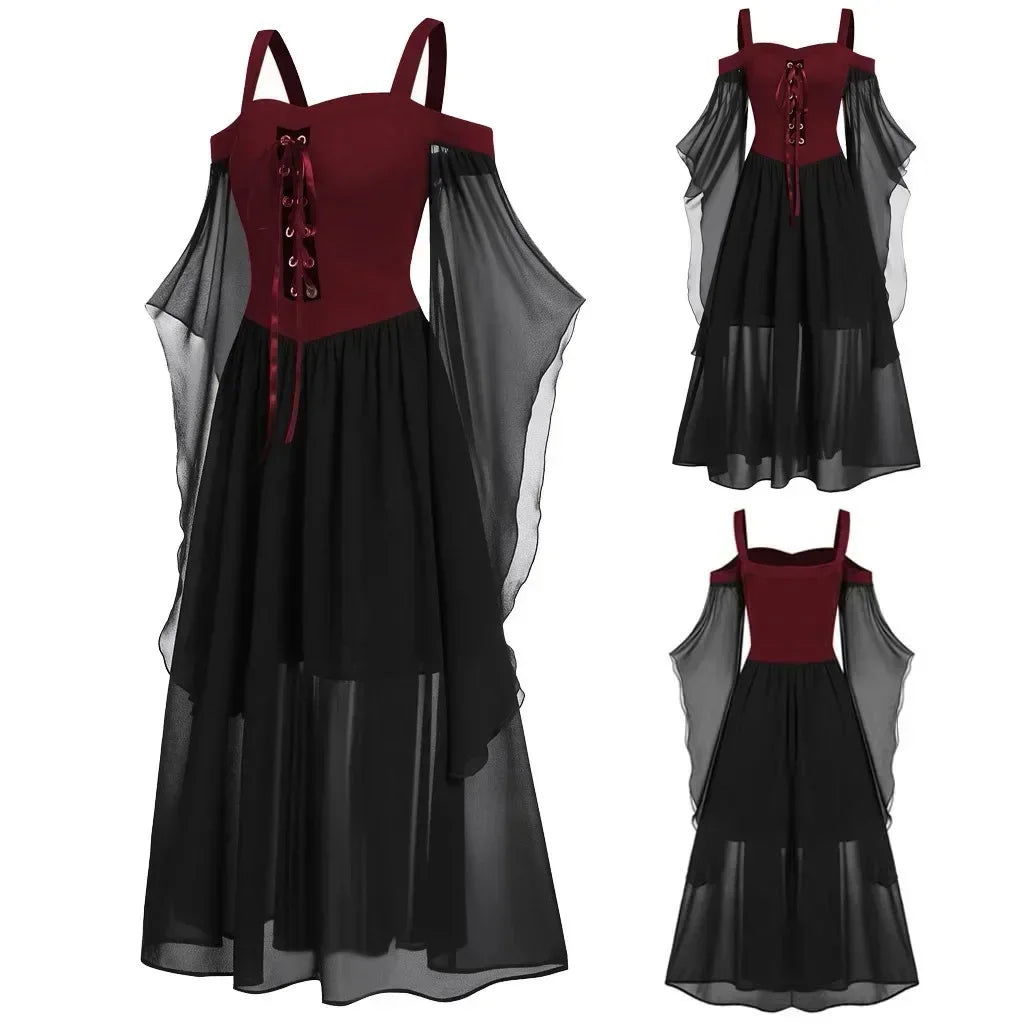 New Medieval Witch Dress for Women Halloween Carnival Women Plus Size Cold Shoulder Butterfly Sleeve Halloween Gothic Dress