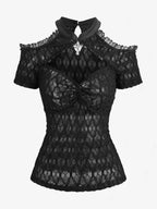 New Gothic Cold Shoulder Tops Women's Crochet Mesh Semi See Through Shirt with Cut Out Panels, Twist Front Cropped T-Shirt