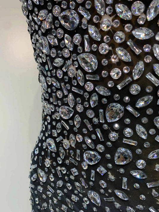 Luxury Rhinestones Sexy Mesh See Through Bodycon Dress Women Birthday Evening Cocktail party Gown Red Carpet Club Stage Outfit