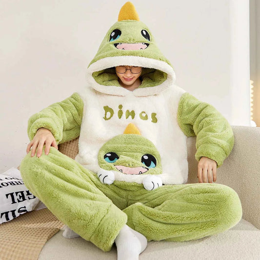 Adult Winter Thicken Sleepwear Pajamas Set Women Coral Fleece Pyjama Cartoon Deer Panda Hooded Homewear Loungewear Pijamas Suit