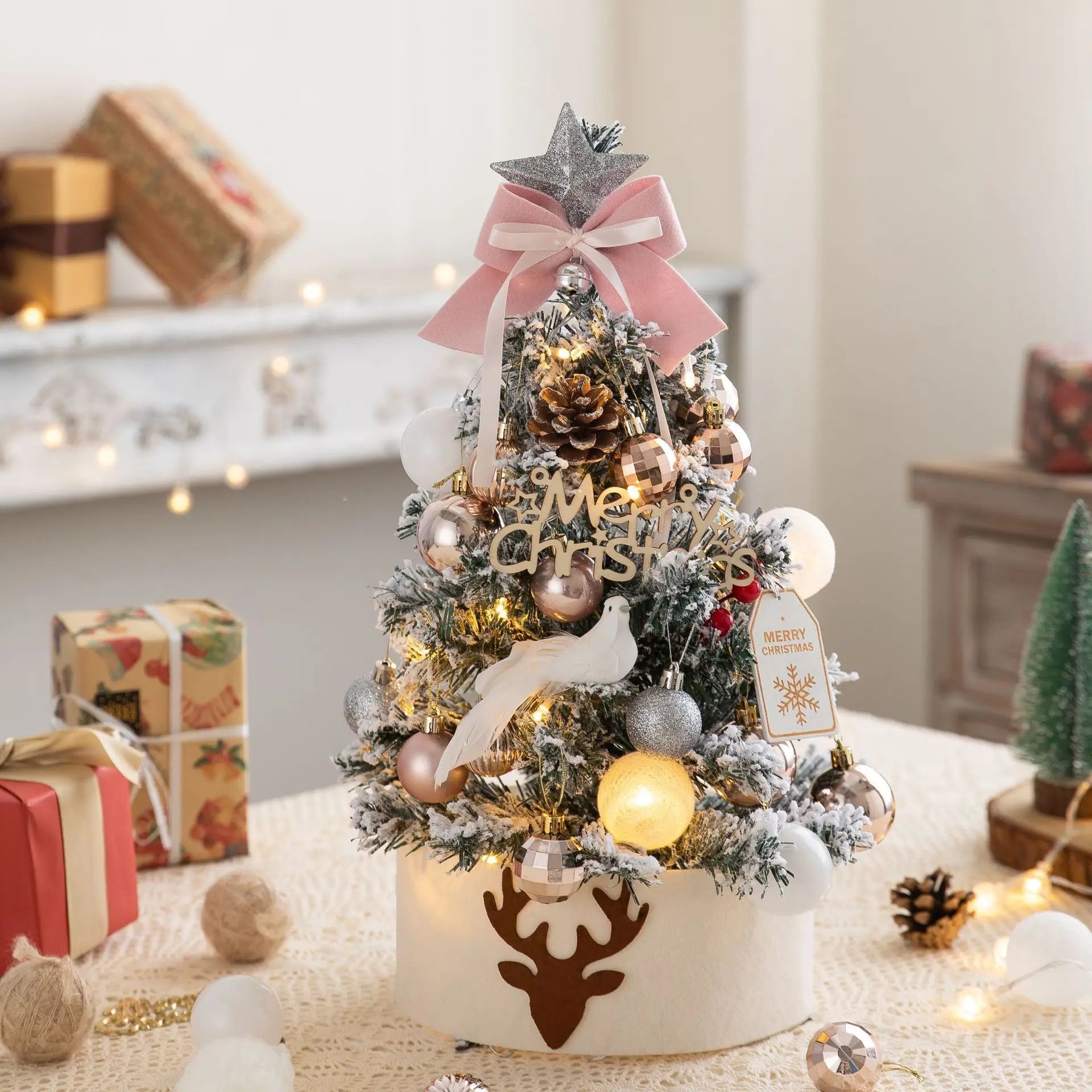 45/60cm Mini Christmas Tree With Lights DIY Desktop Golden Red Christmas Decorations 2024 New Year Home Party Windows Ornaments SS69